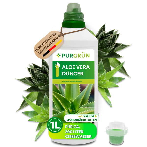 Eine Flasche Purgrün Aloe Vera Dünger mit einem Liter Inhalt, geeignet für zweihundert Liter Gießwasser, inklusive Kalium und Spurennährstoffen.