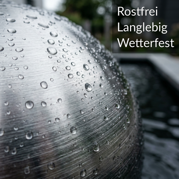 Gebürstete Edelstahlkugel mit Wassertropfen, rostfrei, langlebig und wetterfest.