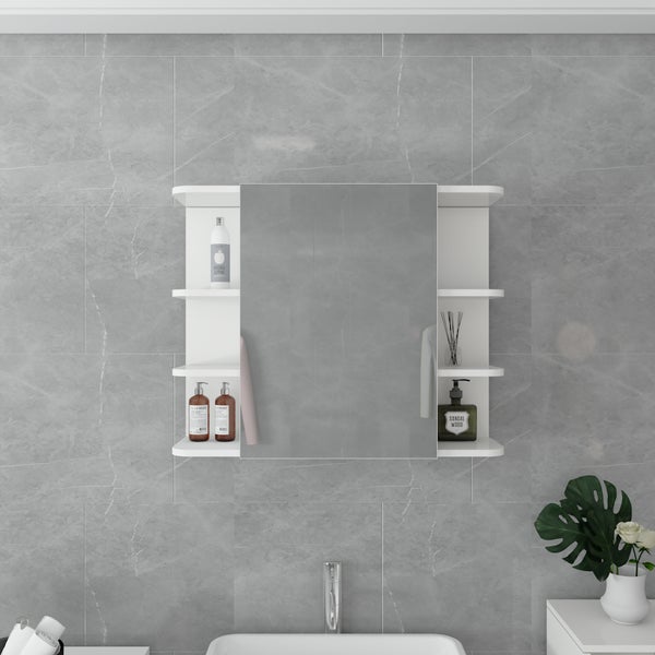 ML-Design Spiegelschrank für Badezimmer Weiß 80x64x21cm, Badschrank mit Spiegel, Tür und 8 Ablagen, viel Stauraum, Badezimmerschrank aus MDF-Holz, Hängeschrank Wandschrank Badezimmerspiegel Badspiegel