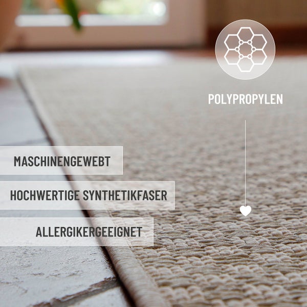 Maschinengewebter Teppich aus hochwertiger Synthetikfaser Polypropylen für Allergiker geeignet.
