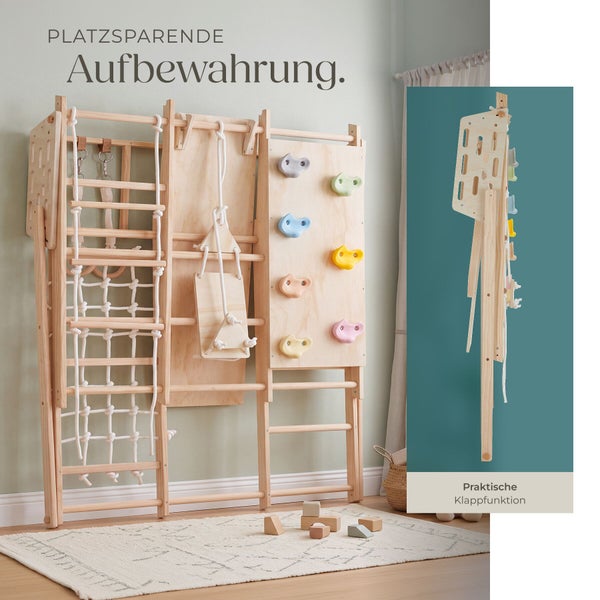 Klettergerüst aus Holz mit Sprossenwand, Kletternetz und Kletterwand für Kinder, klappbar und platzsparend