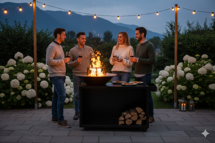 Eine Gruppe von Freunden steht um eine Feuerstelle im Garten und genießt den Abend.