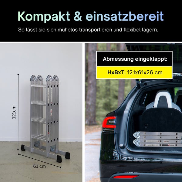 Zusammengeklappte Aluminium-Mehrzweckleiter mit den Maßen 121 mal 61 mal 26 Zentimeter, kompakt verstaut im Kofferraum eines Autos.