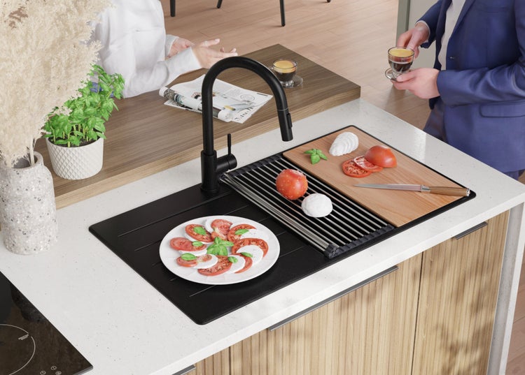 PRIMAGRAN Spülbecken Schwarz 90x50cm, Granitspüle 1 Becken + Ablauf-Set + Schneidebrett, Küchenspüle ab 60er Unterschrank - Kopenhagen