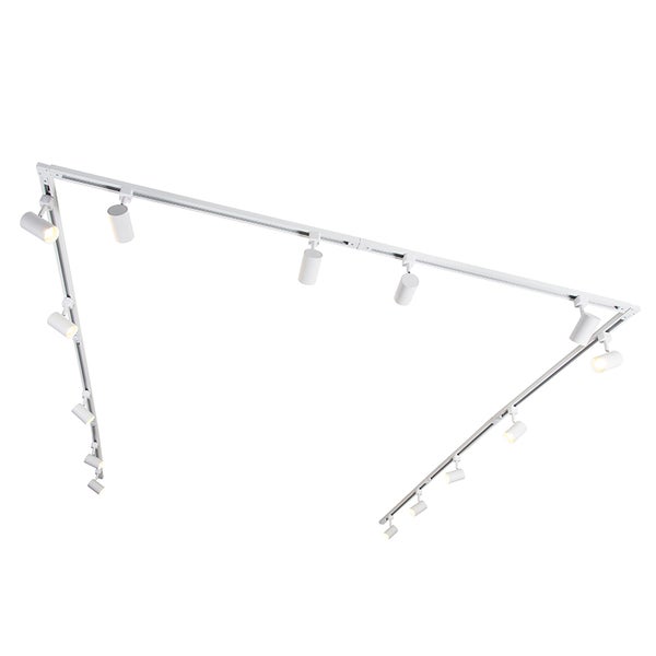 Ein U-förmiges Schienensystem mit mehreren verstellbaren LED-Strahlern für eine flexible Deckenbeleuchtung.