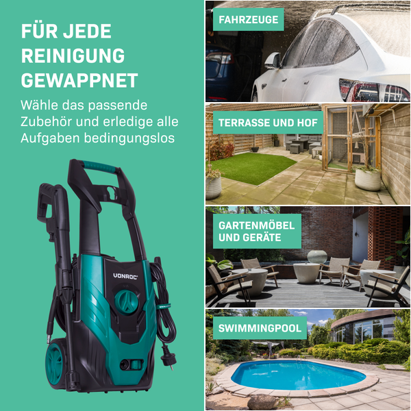 VONROC Hochdruckreiniger 110bar - Fassadenreiniger für einfache Reinigungsarbeiten [1400W] - Durchfluss [390 l/h], Reinigungstank, Aluminium Pumpe - inkl. Terassenreiniger