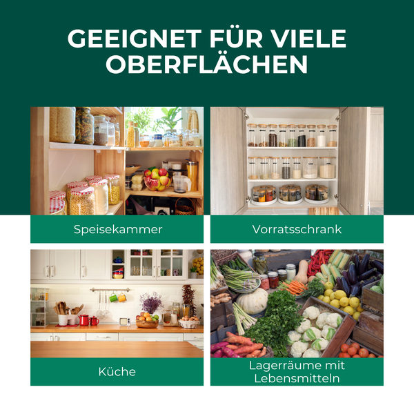 Vier Anwendungsbeispiele für Ordnungssysteme in Speisekammer, Vorratsschrank, Küche und bei der Lagerung von Lebensmitteln auf Märkten.