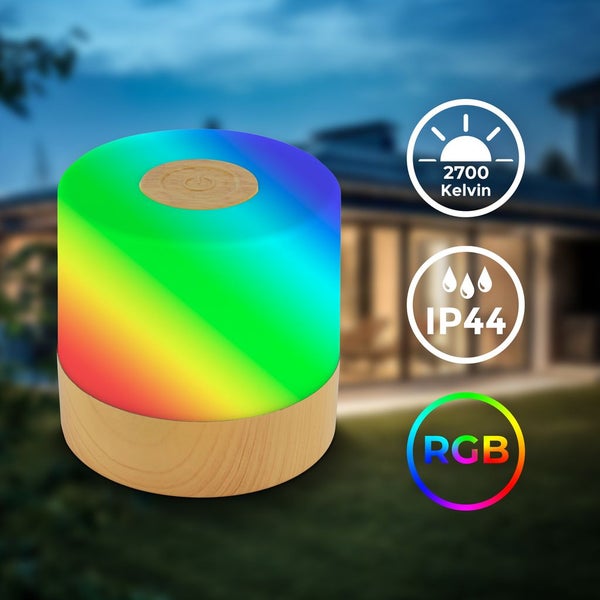 Tischleuchte mit integriertem Akku, USB-C-Anschluss und Ein-Aus-Schalter. Inklusive USB-Ladekabel. Design in Holzoptik.