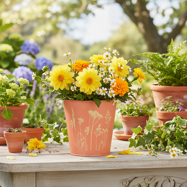 Dekorativer Metall-Blumenübertopf mit Gräsermotiv auf einem Holztisch, bepflanzt mit gelben Dahlien, orangefarbenen Studentenblumen und Gänseblümchen.