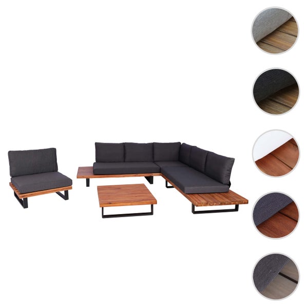 Garten-Lounge-Set aus Holz mit Ecksofa, Sessel und Tisch, dunkle Polster, Detailansichten von Stoff und Holzmaserung.