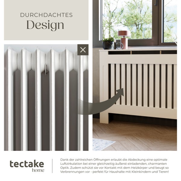 Heizkörperverkleidung vor und nach der Installation mit tectake Home Logo
