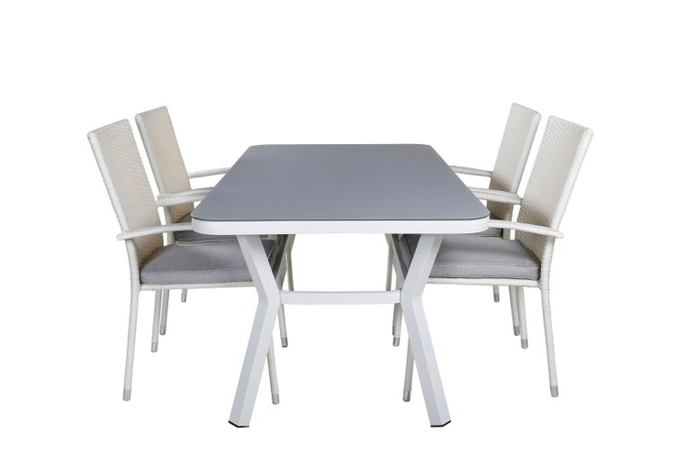 Virya Gartenset Tisch 90x160cm und 4 Stühle Anna weiß, grau. 90 X 160 X 74 cm