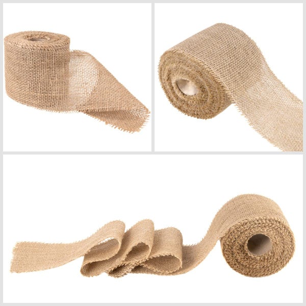 Juteband auf Rolle für Dekoration und Garten, grobmaschiges Gewebe mit Fransenrand.