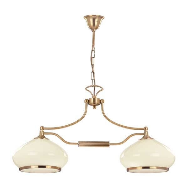 Zweiflammige Pendelleuchte mit Glasschirmen und Metallgestänge in klassischem Design für die Innenbeleuchtung