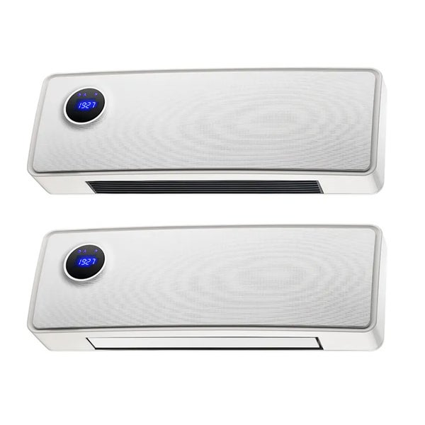 Zwei weiße Wandheizlüfter mit digitaler Anzeige