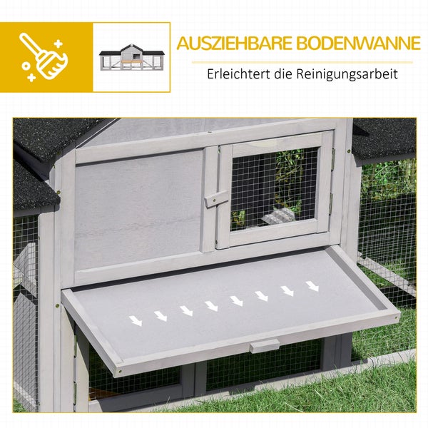 PawHut Kleintierstall Zwergkaninchenstall Kleintierkäfig mit Asphaltdach und Freigehege Kleintierhaus doppelstöckig Tannenholz Grau 210 x 45,5 x 84,5 cm