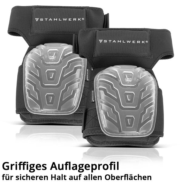 Zwei Knieschoner von Stahlwerk mit Auflageprofil für sicheren Halt.