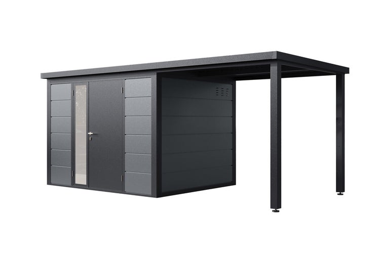 Modernes Gartenhaus aus Metall mit integriertem Schleppdach und einer Tür mit Glaseinsatz.