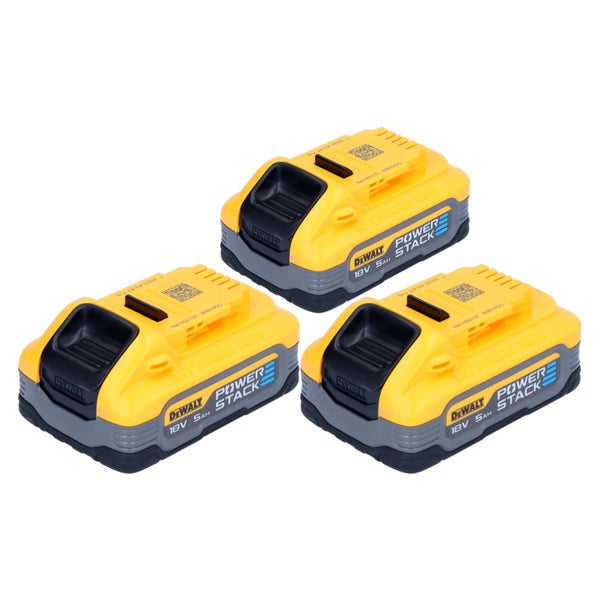 Drei DeWalt 18 Volt 5 Ampere-Stunden Lithium-Ionen PowerStack Akkus.