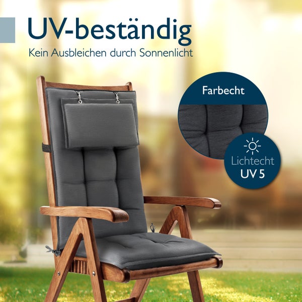 UV-beständige und farbechte Gartenstuhlauflage auf einem Holzstuhl, Lichtechtheit UV 5.