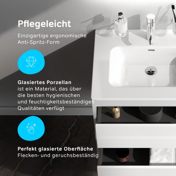 Waschtisch aus glasiertem Porzellan mit pflegeleichter, ergonomischer Anti-Spritz-Form und flecken- sowie geruchsbeständiger Oberfläche