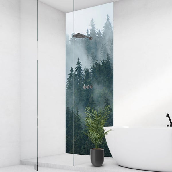 Badezimmer mit Duschtrennwand, Badewanne und Zimmerpflanze