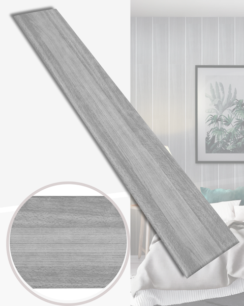 Holzoptik-Paneele in Grau mit Maserung, Nahaufnahme der Struktur in einem Kreis, im Hintergrund ein modern eingerichtetes Schlafzimmer.