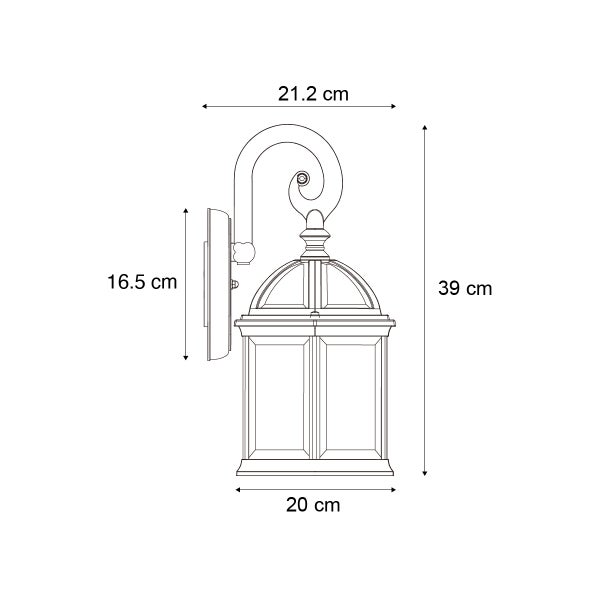 Technische Zeichnung einer Außenwandleuchte mit Maßen: Höhe 39 Zentimeter, Breite 20 Zentimeter, Tiefe 21,2 Zentimeter, Halterung 16,5 Zentimeter.