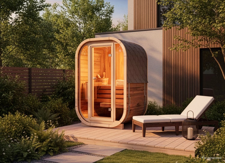Moderne Fasssauna aus Holz mit Glasfront auf einer Holzterrasse im Garten, ergänzt durch eine Sonnenliege und eine Gartenlaterne.