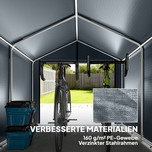 Fahrradzelt mit verzinktem Stahlrahmen und Polyethylen-Gewebe mit 160 Gramm pro Quadratmeter, Innenraum mit Fahrrädern und Boxen.