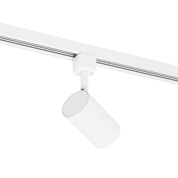 Weißer zylindrischer Strahler für ein Schienensystem an einer weißen Stromschiene montiert.