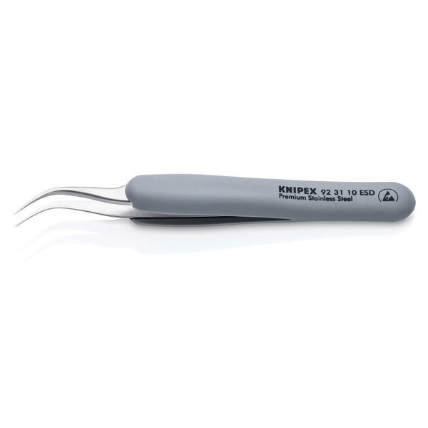 Knipex ESD Präzisionspinzette aus rostfreiem Edelstahl mit gebogenen Spitzen und grauem Griff.