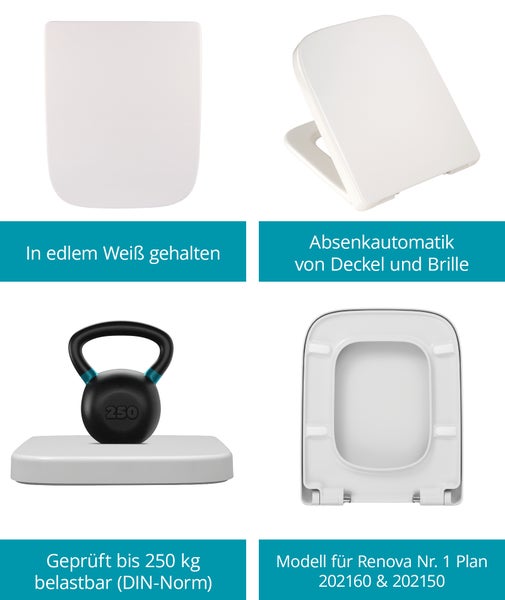 WC Sitz mit Absenkautomatik, belastbar bis 250 Kilogramm, passend für Renova Nummer 1 Plan 202160 und 202150.