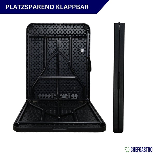 Schwarzer Klapptisch aus Kunststoff mit Metallgestell, platzsparend zusammenklappbar. ChefGastro Logo.