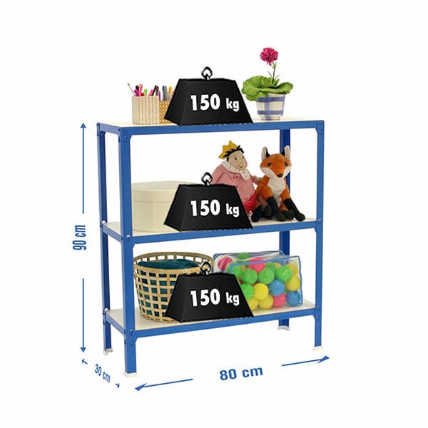 Blaues Metallregal mit 3 Fachböden, Tragkraft 150 Kilogramm pro Boden, 90 Zentimeter hoch, 80 Zentimeter breit, 30 Zentimeter tief.