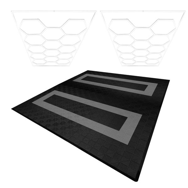 Belüftete Garagenbodenfliesen und sechseckige LED-Leuchten x 165 Schwarz 60 Grau mit Kanten