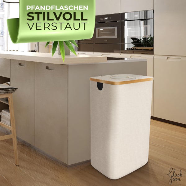 Glückstoff® Pfandflaschen Sammelbehälter [inkl. XXL Tragetasche] Flaschensammler für Küche & Abstellraum | Aufbewahrung für Leergut & Altglas | Flaschentasche | Beige
