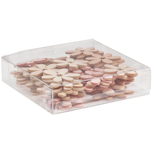 Dekoblumen aus Holz im transparenten Behälter