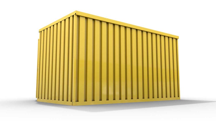 Lagercontainer Gerätehaus XL  – 10 qm, H2150 x B5080 x T2170 mm, Außenwandlackierung RAL 1003 signalgelb, Dach außen verzinkt, mit Holzfußboden, 1270 mm Einflügeltür mittig in Breitseite, montiert