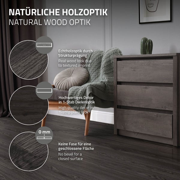 ML-Design Deluxe PVC Bodenbelag, Selbstklebende Vinyl-Dielen, Vinylboden, 91,5 cm x 15,3 cm x 2 mm, Dicke 2mm, 2,23m²/16 Dielen, Eiche Dunkelgrau, Holzoptik, rutschfest, wasserfest, Einfache Verlegung