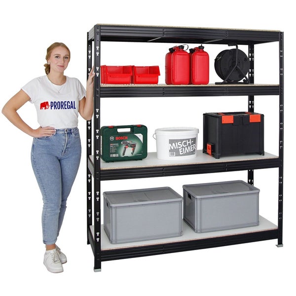 PROREGAL Profi Schwerlastregal Rhino HxBxT 180 x 160 x 60 cm 4 Melamin-Ebenen 16mm Fachlast 500 kg Schwarz
