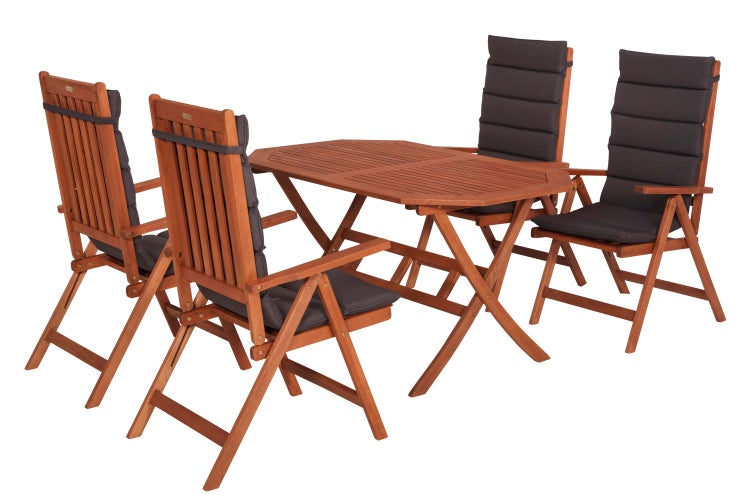 Gartengarnitur aus Holz mit Tisch und vier Stühlen mit Auflagen