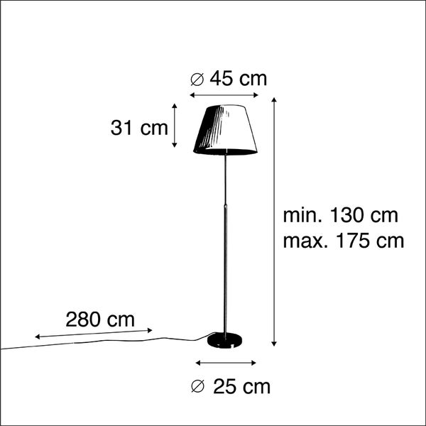 Abmessungen der Stehlampe: Lampenschirmdurchmesser 45 cm, Lampenschirmhöhe 31 cm, Fußdurchmesser 25 cm, Kabellänge 280 cm, Höhe der Lampe zwischen 130 cm und 175 cm