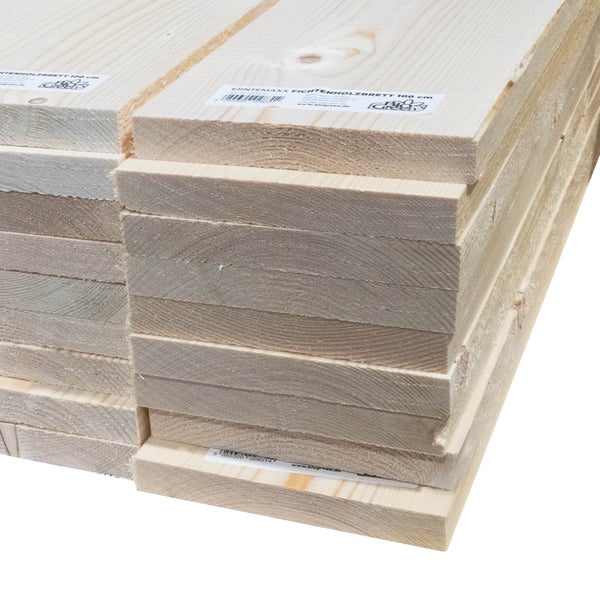 Stapel aus Erntemaxx Fichtenholzbrettern mit einer Länge von einhundert Zentimetern, naturbelassenes Holz mit sichtbarer Maserung.