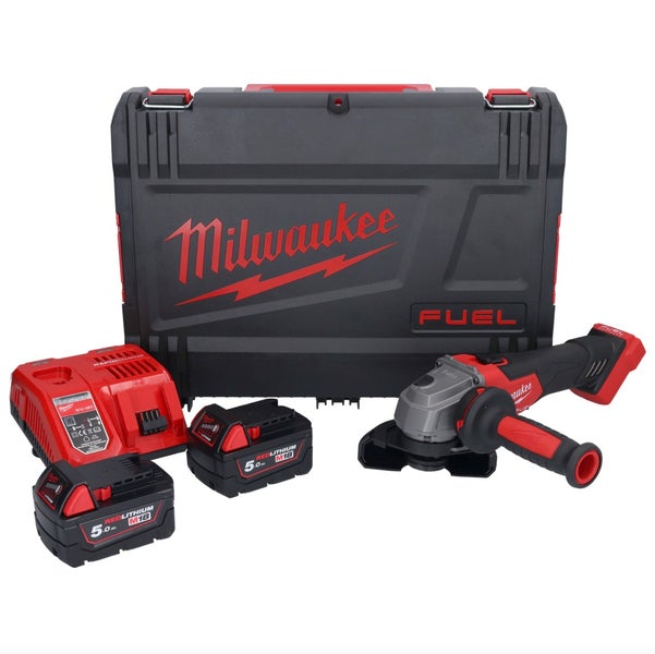 Milwaukee Akku-Winkelschleifer-Set M18 Fuel mit zwei 5,0 Amperestunden Akkus, Ladegerät und Transportkoffer.