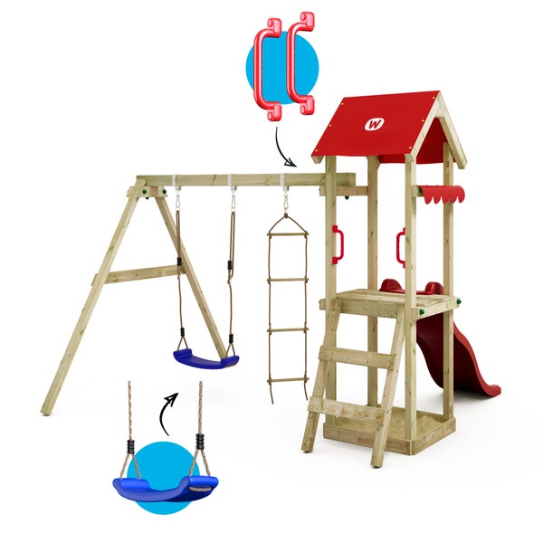 WICKEY Spielturm Klettergerüst TinyCabin mit Schaukel und Rutsche, Kletterturm mit Sandkasten, Leiter und Spiel-Zubehör - rot