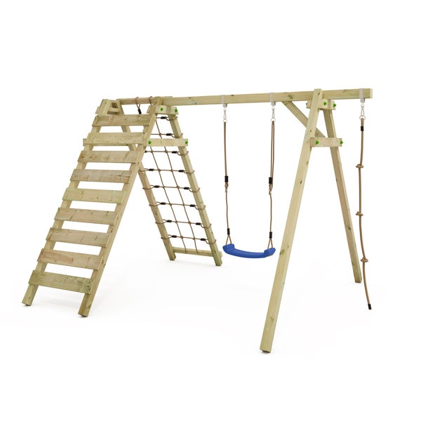 WICKEY Kinderschaukel Schaukelgestell Smart Cliff Schaukel, Schaukelgerüst, Doppelschaukel, Holzschaukel mit Kletteranbau - blau