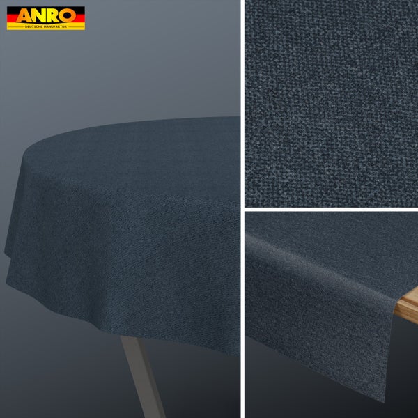 ANRO Logo. Runde, texturierte Tischdecke auf einem Tisch mit Nahaufnahmen der stoffähnlichen Oberfläche und Kante.