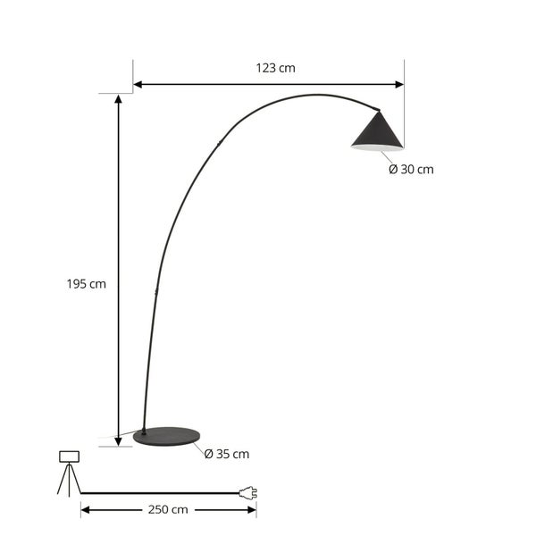 Schwarze Bogenstehleuchte mit Maßen: Höhe 195 Zentimeter, Breite 123 Zentimeter, Schirmdurchmesser 30 Zentimeter, Kabellänge 250 Zentimeter.