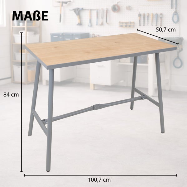 Arbeitstisch mit Holzplatte und grauem Metallgestell. Maße: Höhe 84 Zentimeter, Breite 100,7 Zentimeter, Tiefe 50,7 Zentimeter.